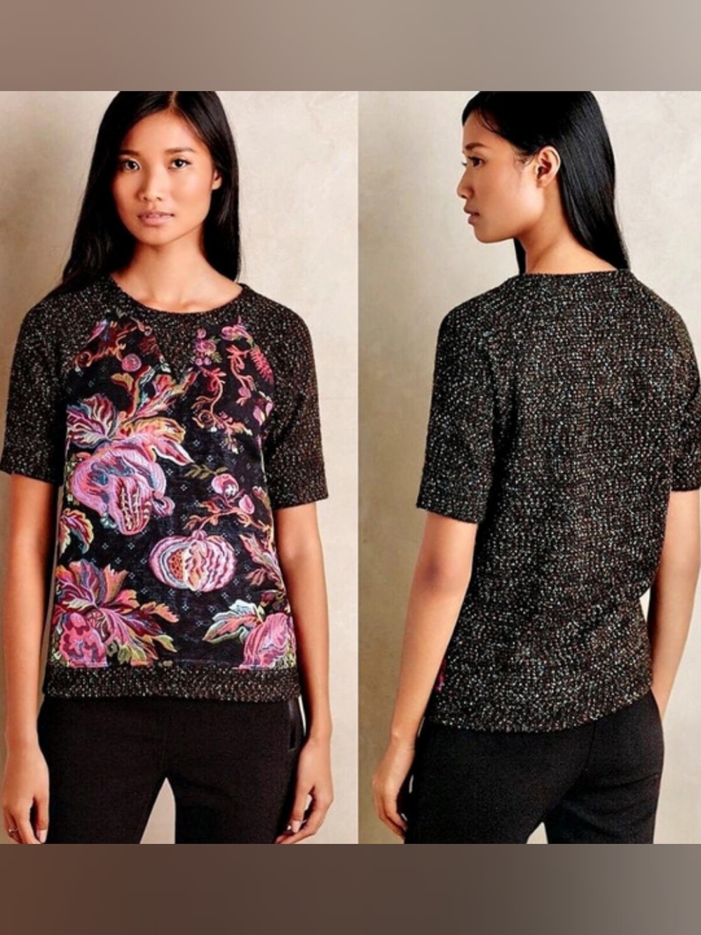 James Coviello Brocade Spliced Sweater Shirt Floral Top Black & Pink XS